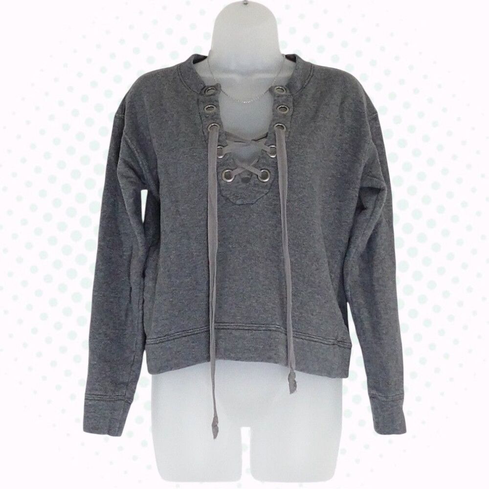 Mother Charcoal Gray Lace-Up V-Neck Long Sleeve 100% Cotton Sweatshirt Size XS